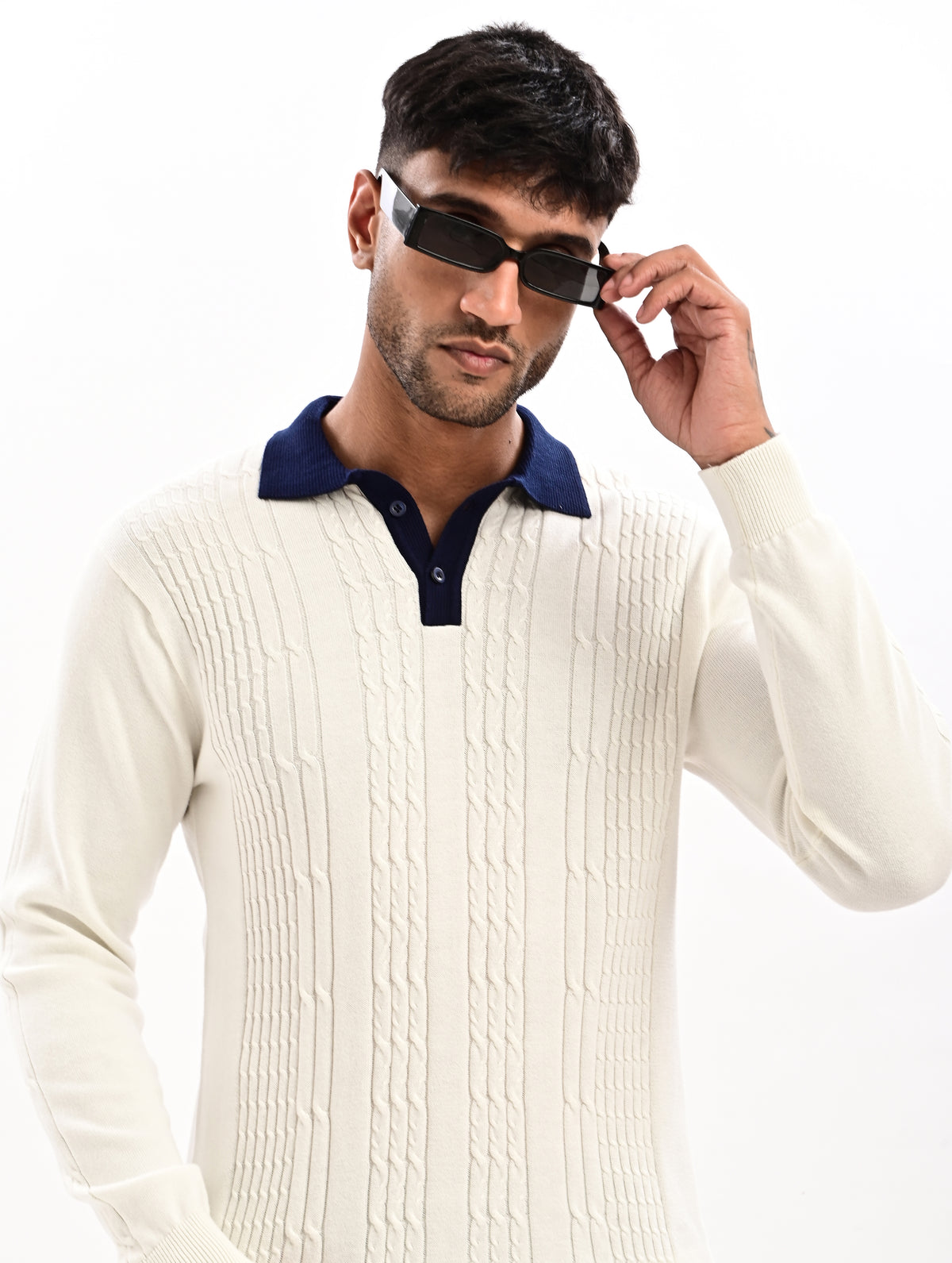 The Astor Cable Knit Polo - WHITE