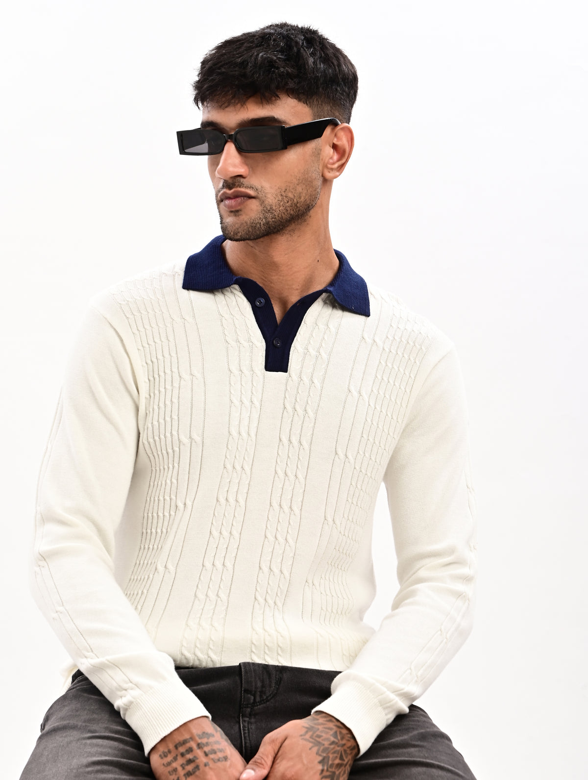 The Astor Cable Knit Polo - WHITE