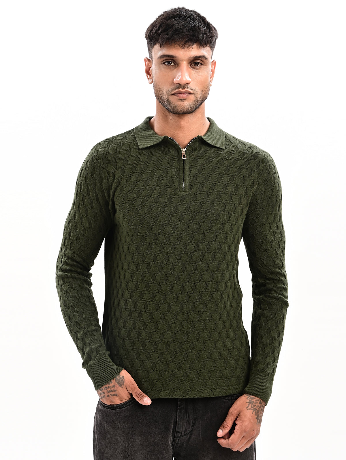 The Nobleman Quarter-Zip Full Sleeve Polo - BOTTLE GRREN