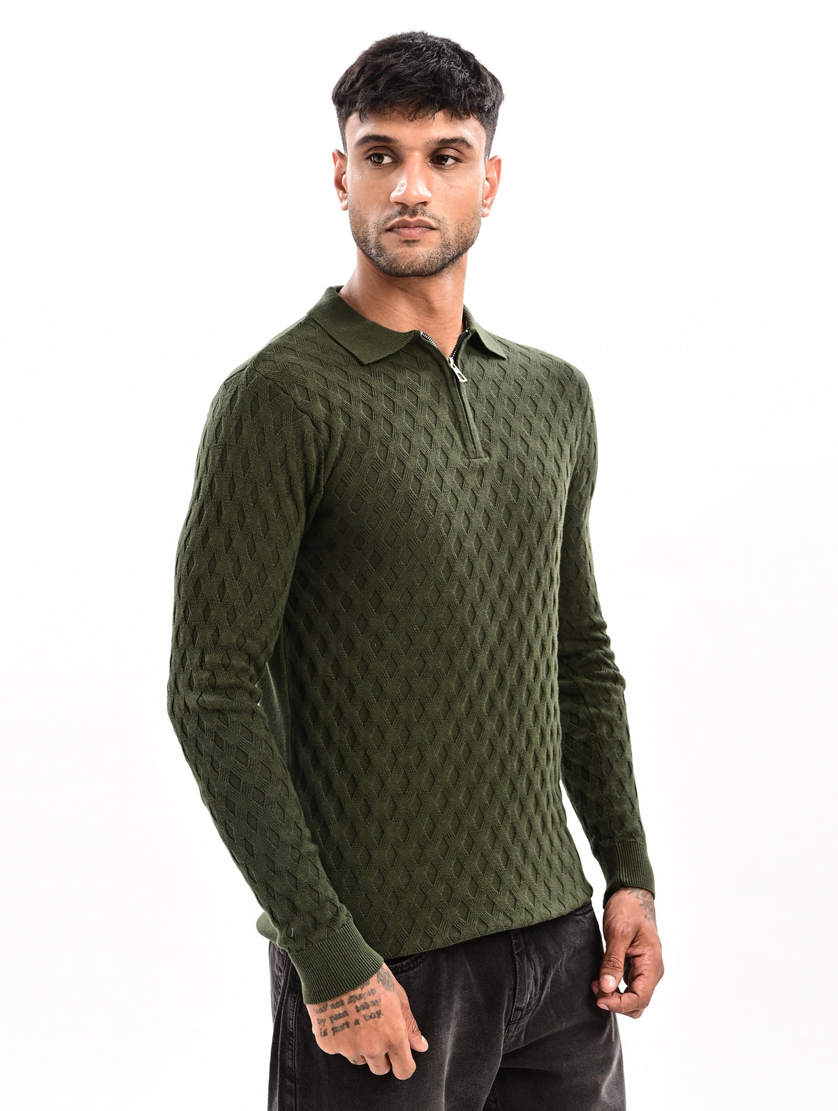 The Nobleman Quarter-Zip Full Sleeve Polo - BOTTLE GRREN