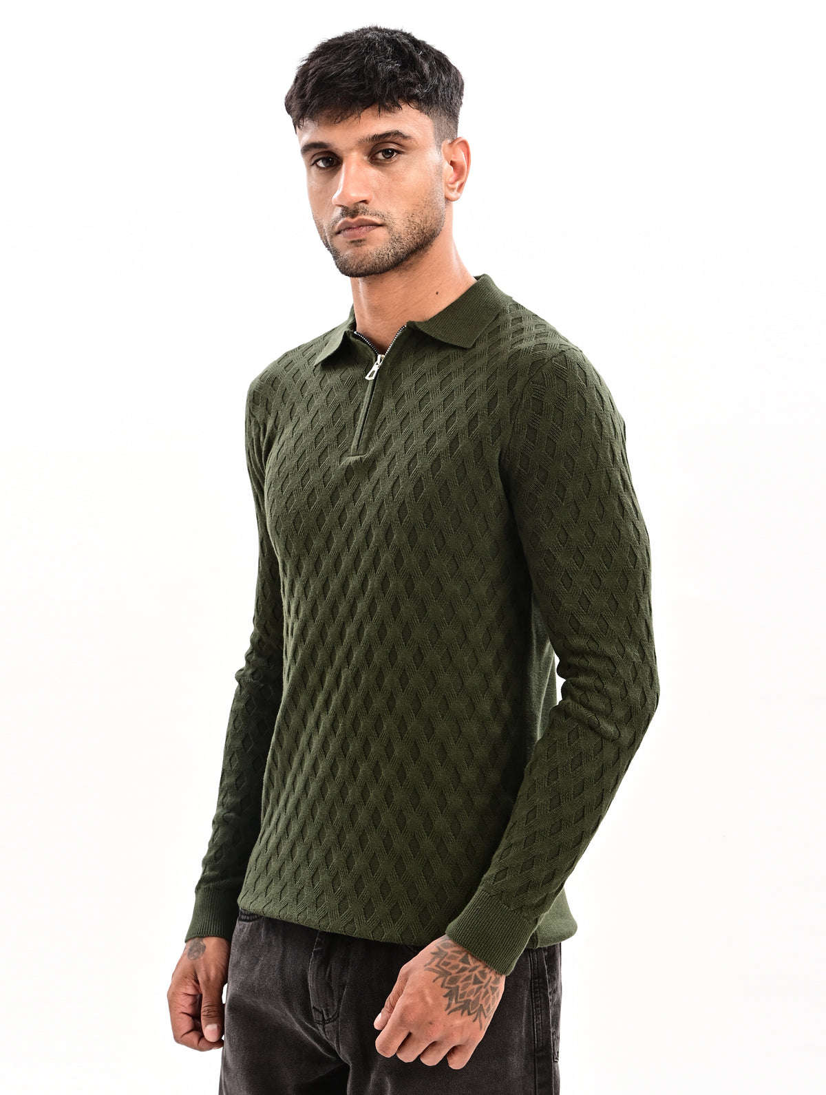 The Nobleman Quarter-Zip Full Sleeve Polo - BOTTLE GRREN