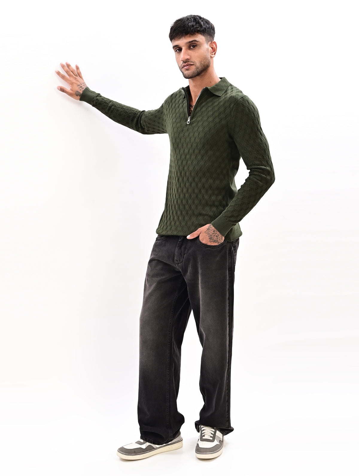 The Nobleman Quarter-Zip Full Sleeve Polo - BOTTLE GRREN