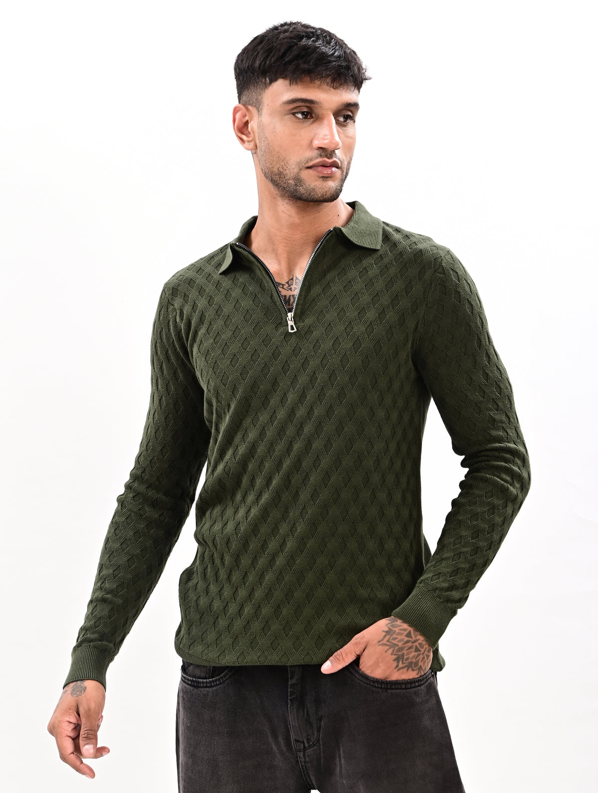 The Nobleman Quarter-Zip Full Sleeve Polo - BOTTLE GRREN