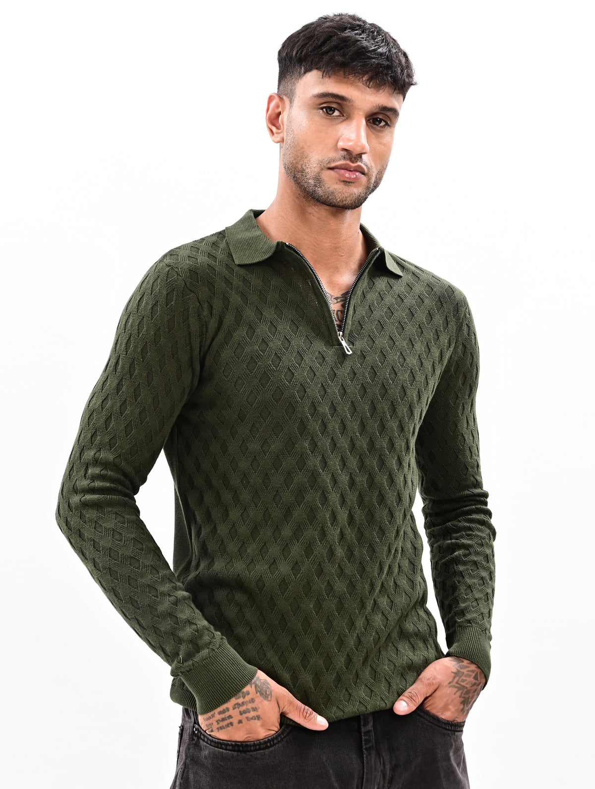 The Nobleman Quarter-Zip Full Sleeve Polo - BOTTLE GRREN