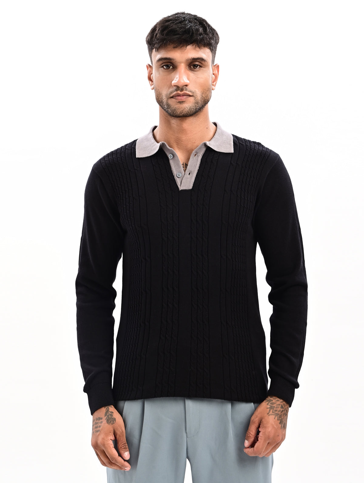 The Astor Cable Knit Polo - BLACK