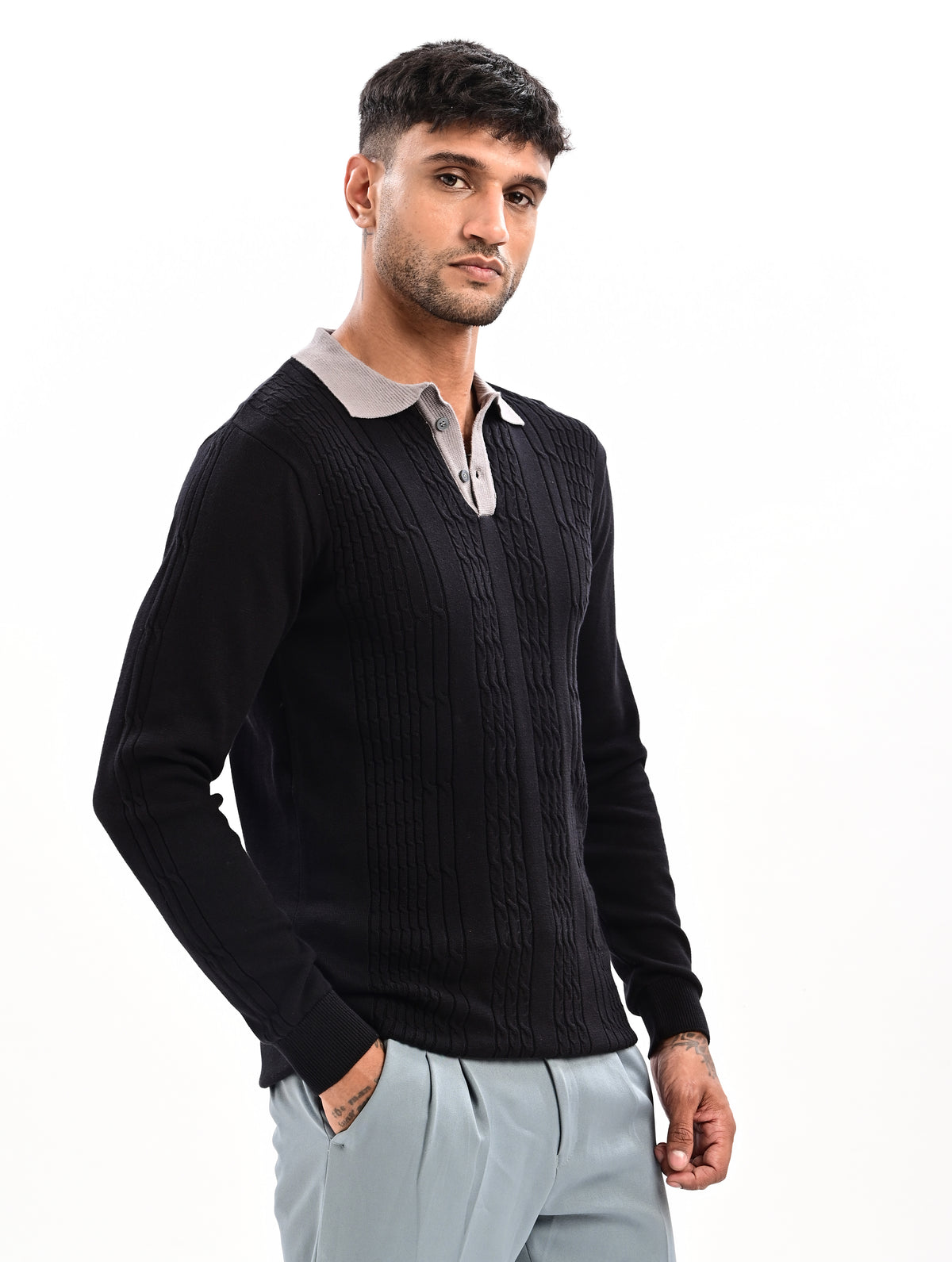 The Astor Cable Knit Polo - BLACK