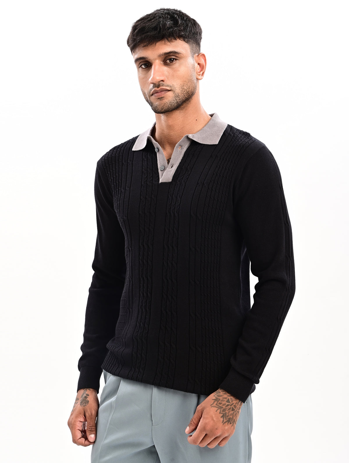 The Astor Cable Knit Polo - BLACK