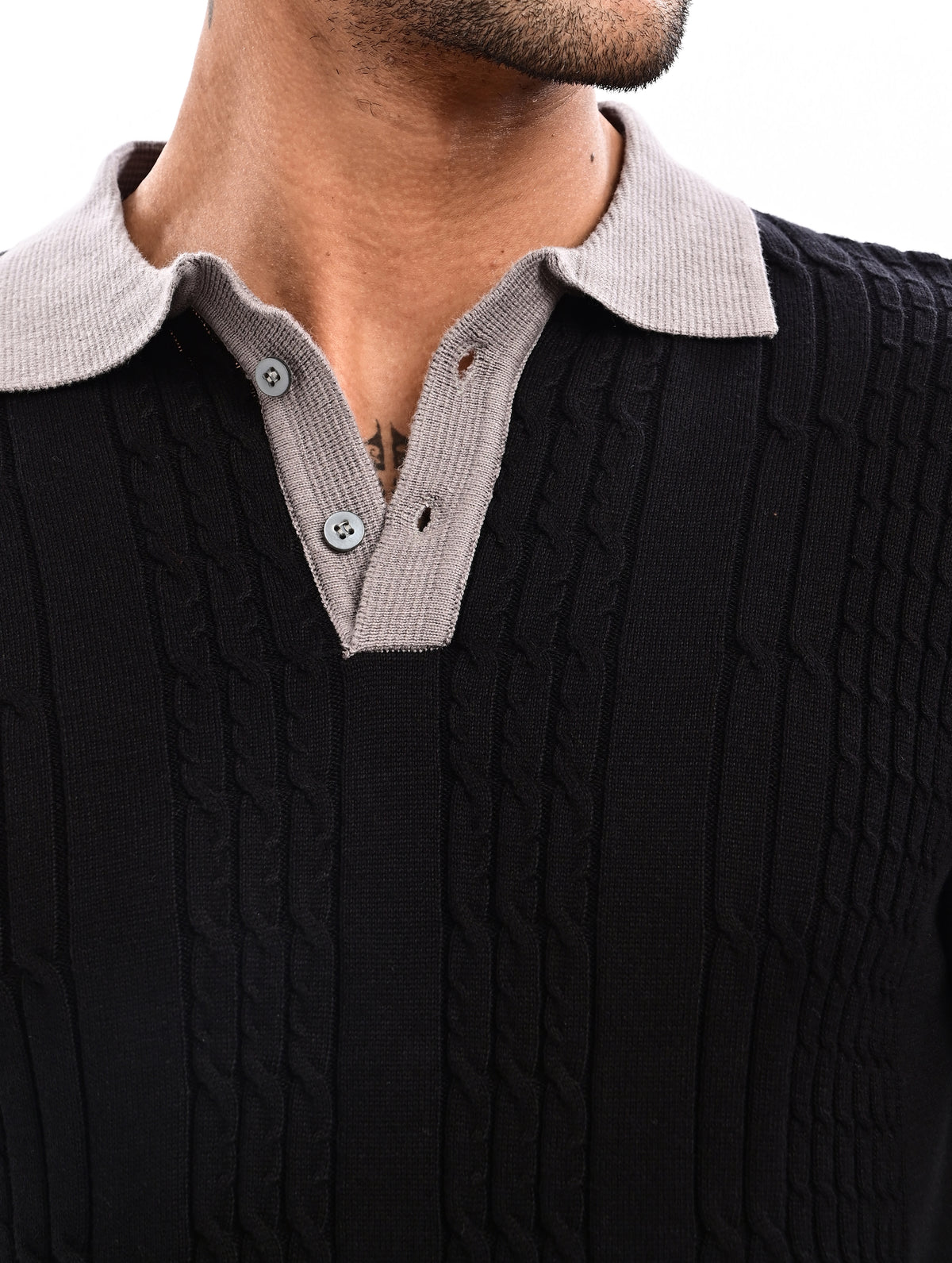 The Astor Cable Knit Polo - BLACK