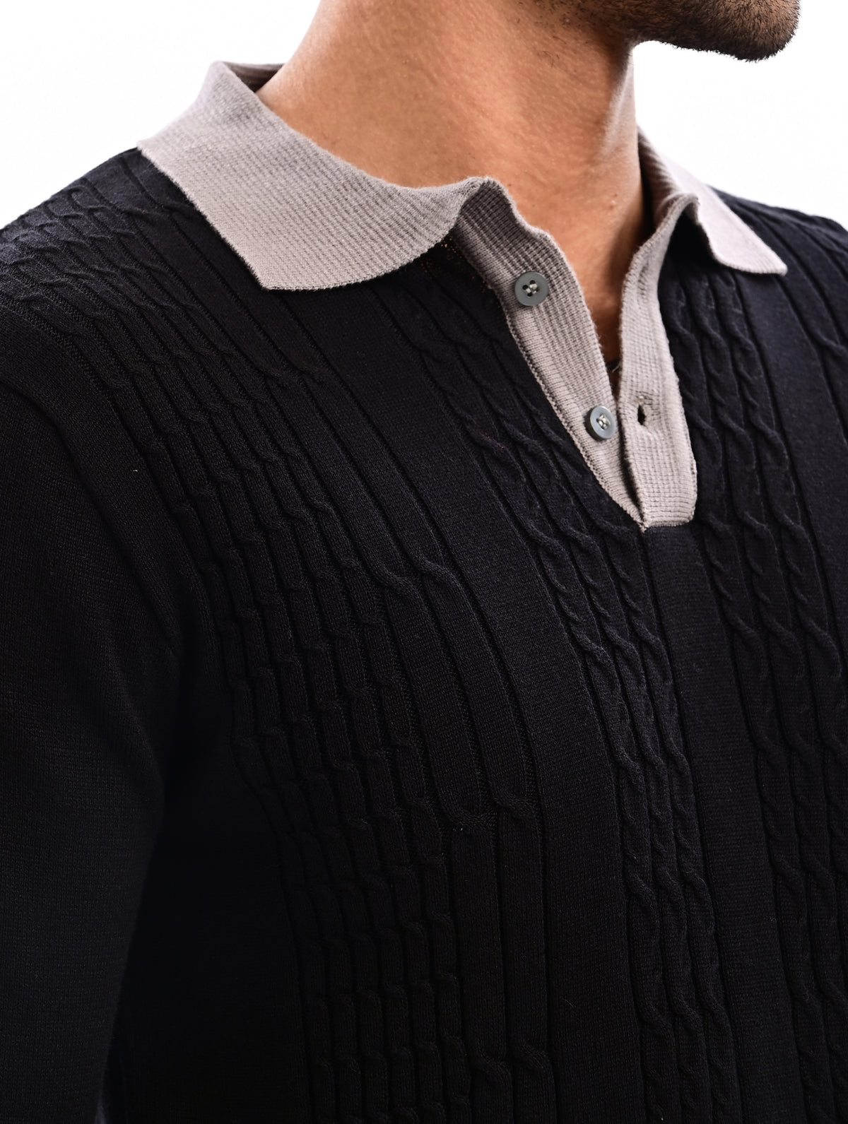 The Astor Cable Knit Polo - BLACK
