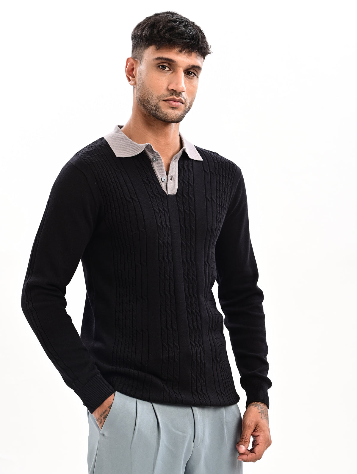 The Astor Cable Knit Polo - BLACK