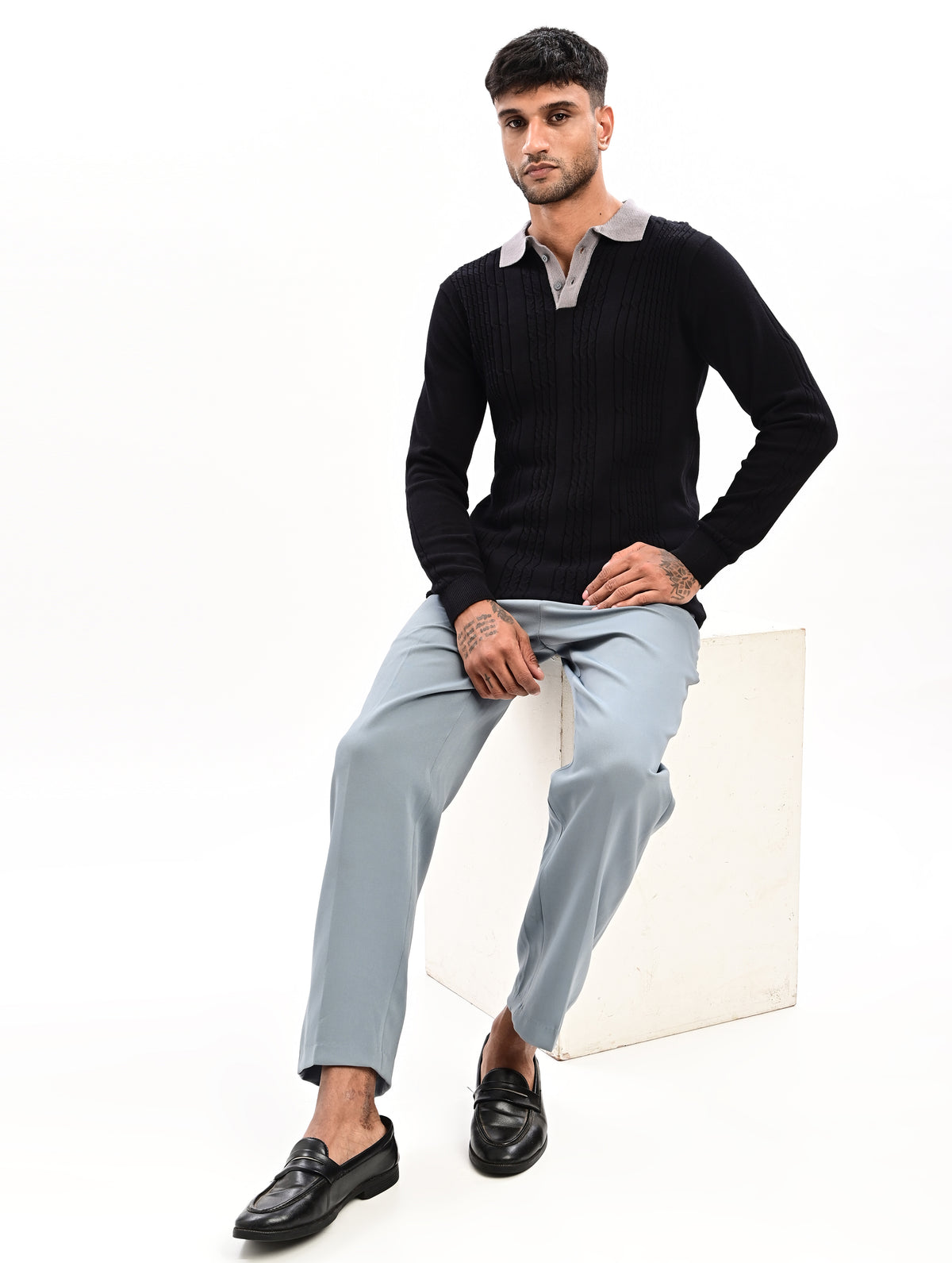 The Astor Cable Knit Polo - BLACK