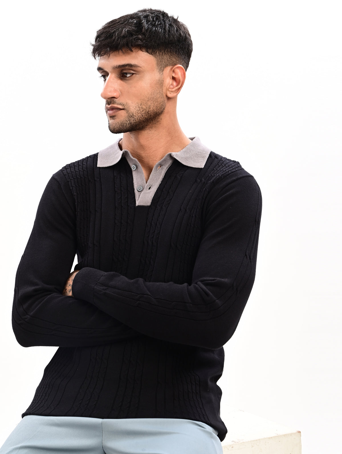 The Astor Cable Knit Polo - BLACK