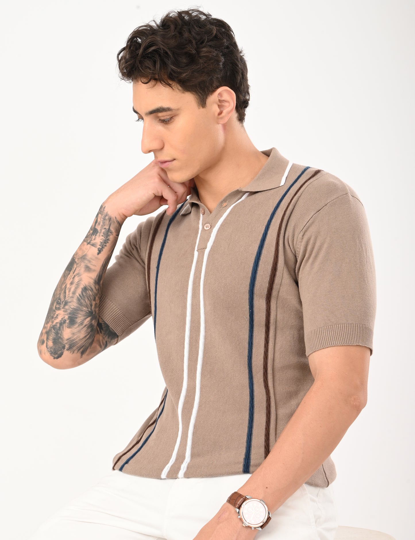 Orvello Knitted Polo - BEIGE