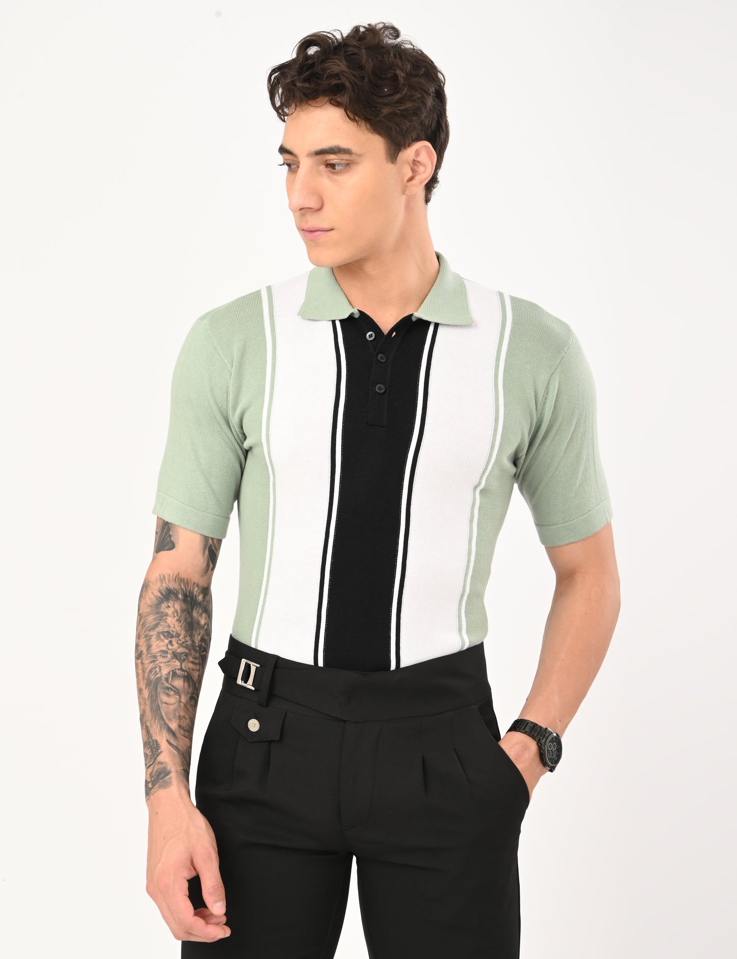 Delmar Stripe Knitted Polo - CYAN