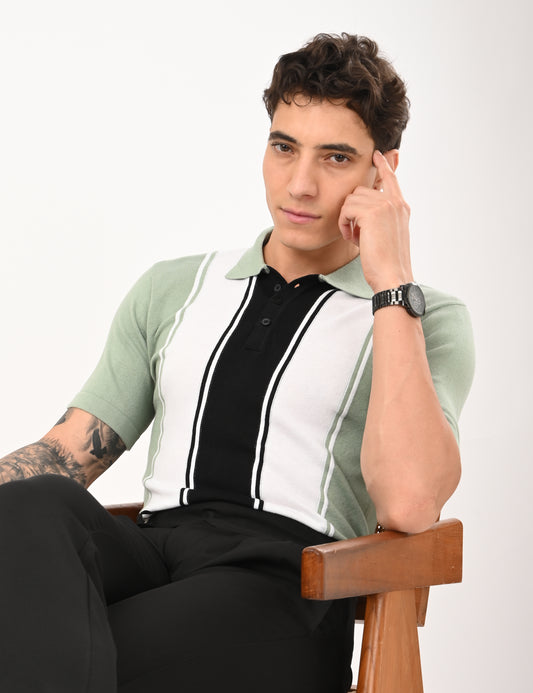 Delmar Stripe Knitted Polo - CYAN