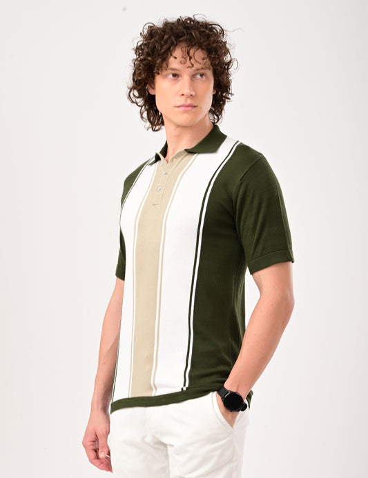 Delmar Stripe knitted Polo - BOTTLEGREEN