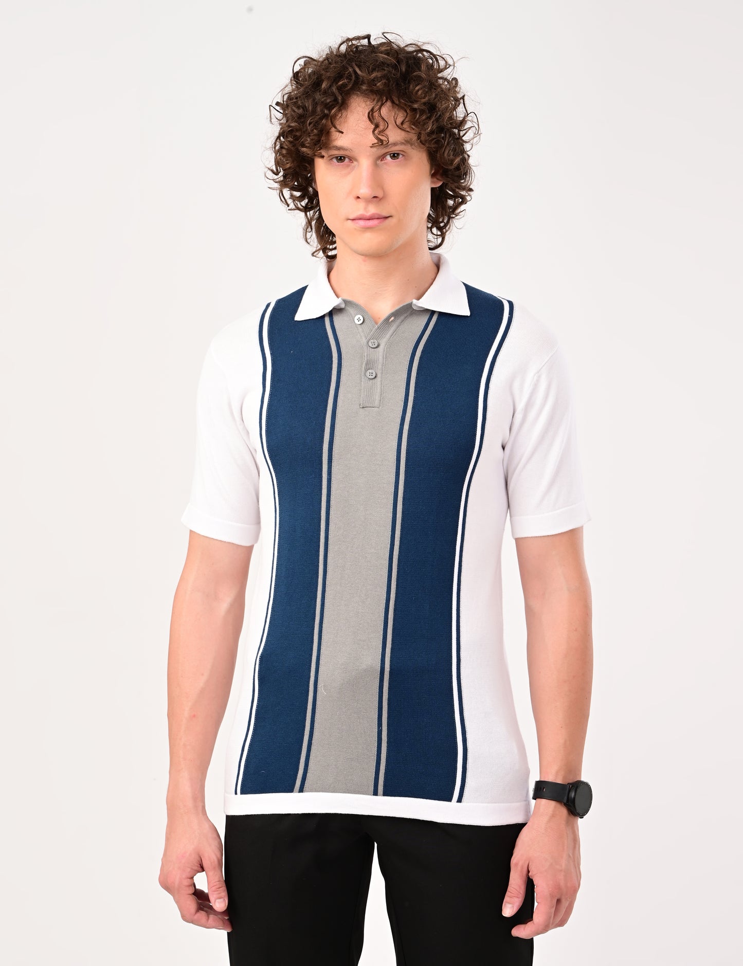 Delmar Stripe knitted Polo - WHITE