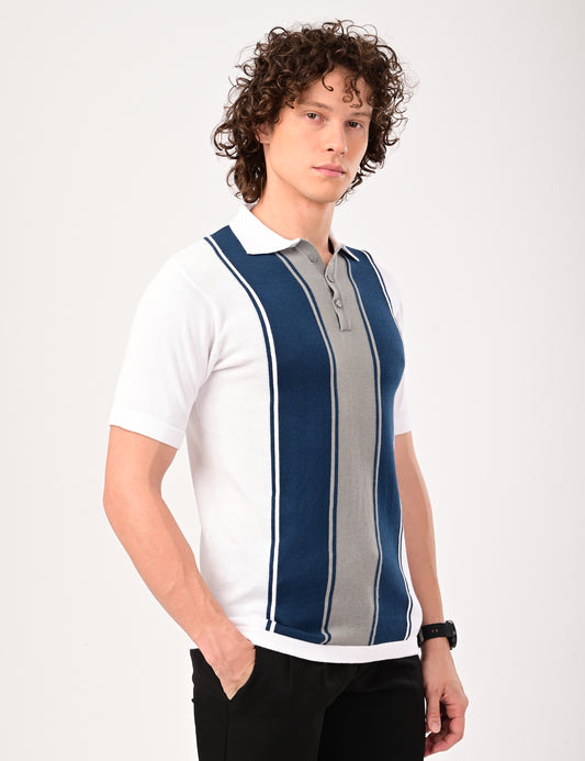 Delmar Stripe knitted Polo - WHITE