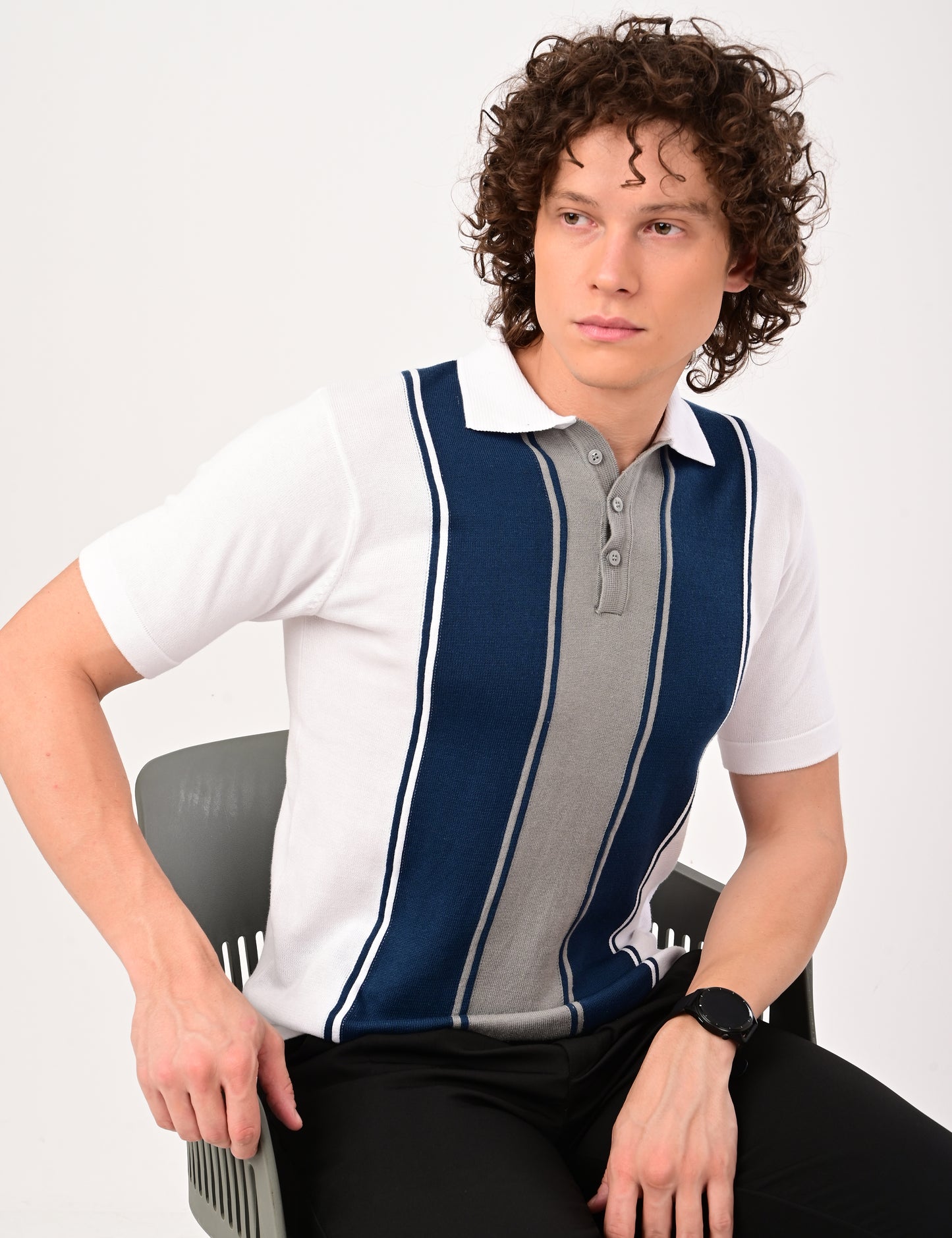 Delmar Stripe knitted Polo - WHITE