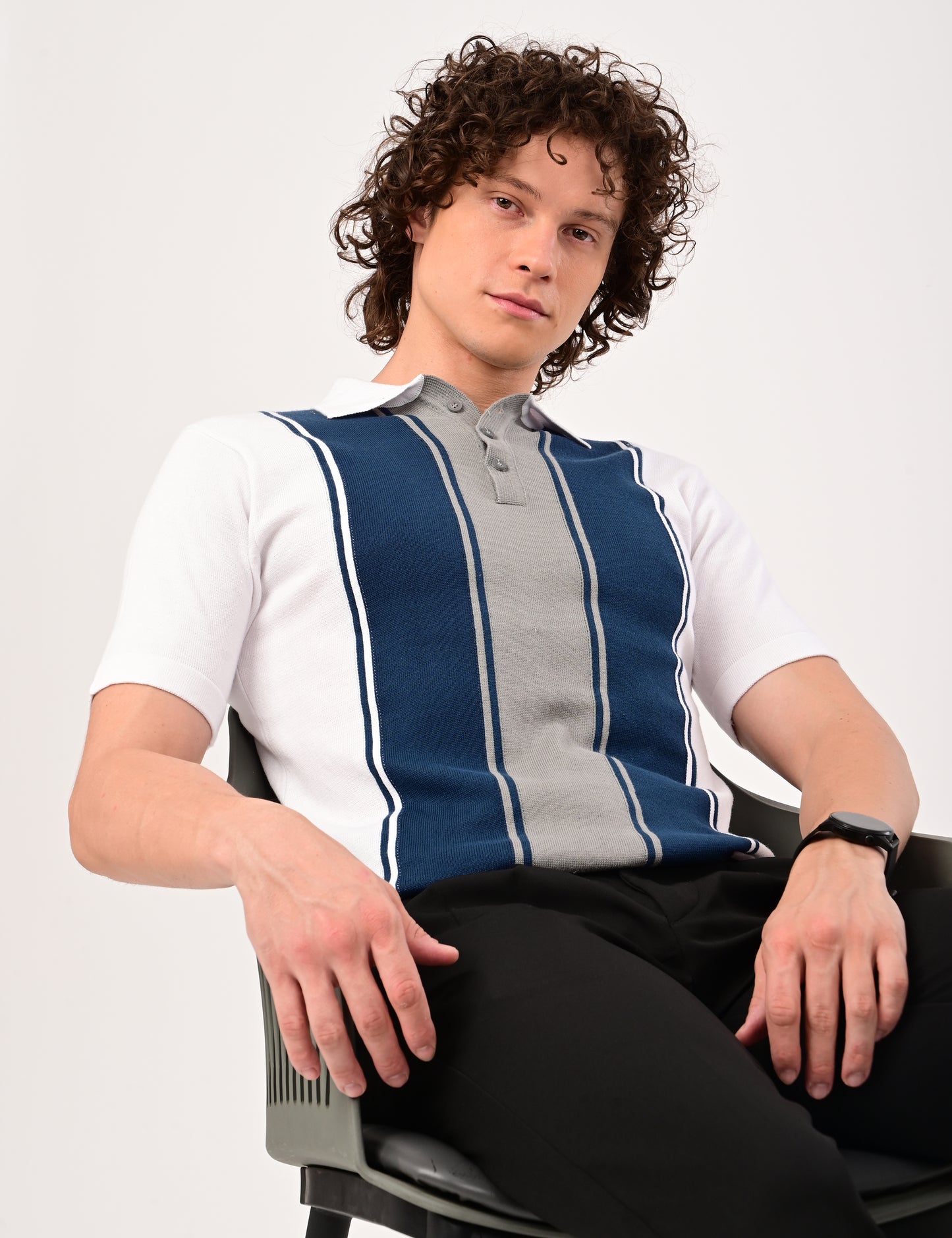 Delmar Stripe knitted Polo - WHITE