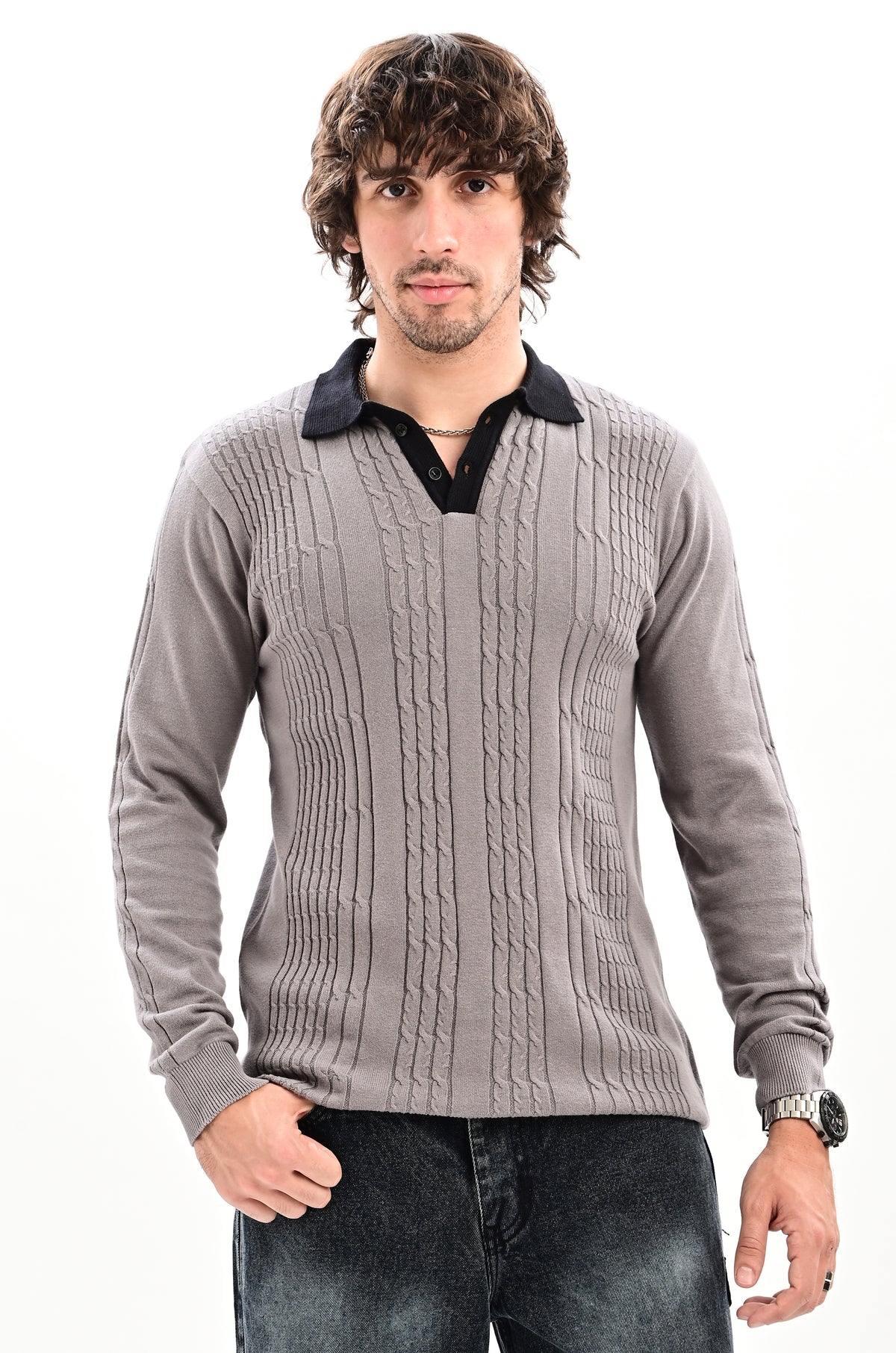 The Astor Cable Knit Polo - GREY