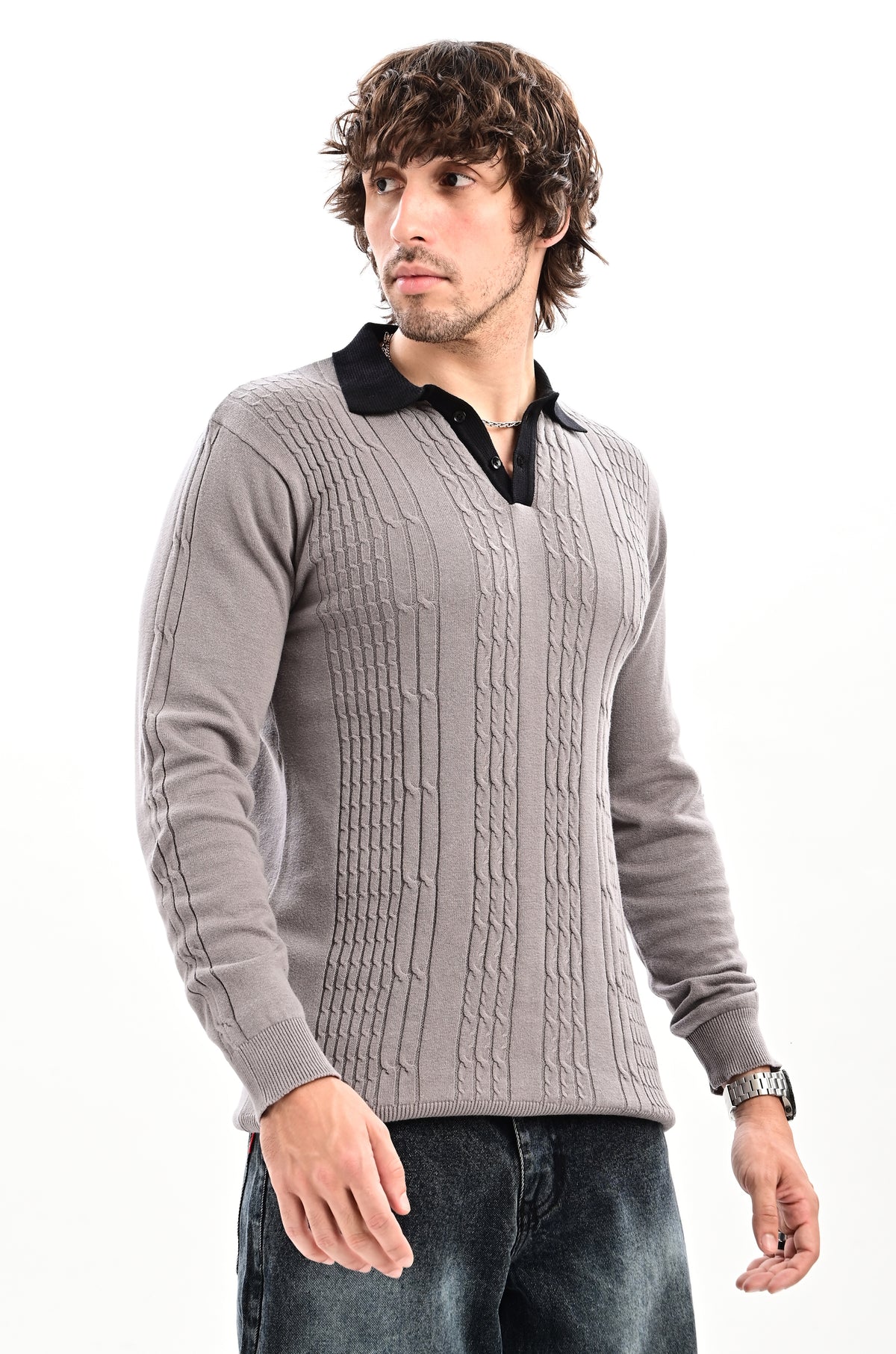 The Astor Cable Knit Polo - GREY