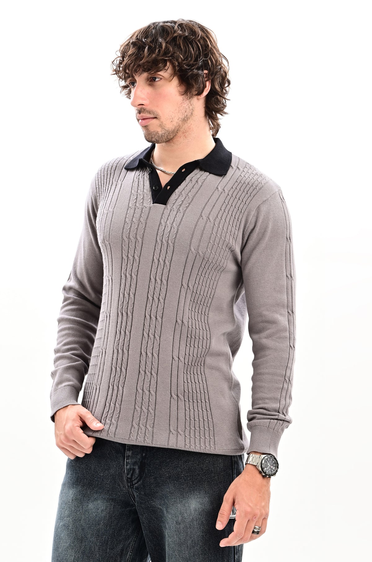 The Astor Cable Knit Polo - GREY