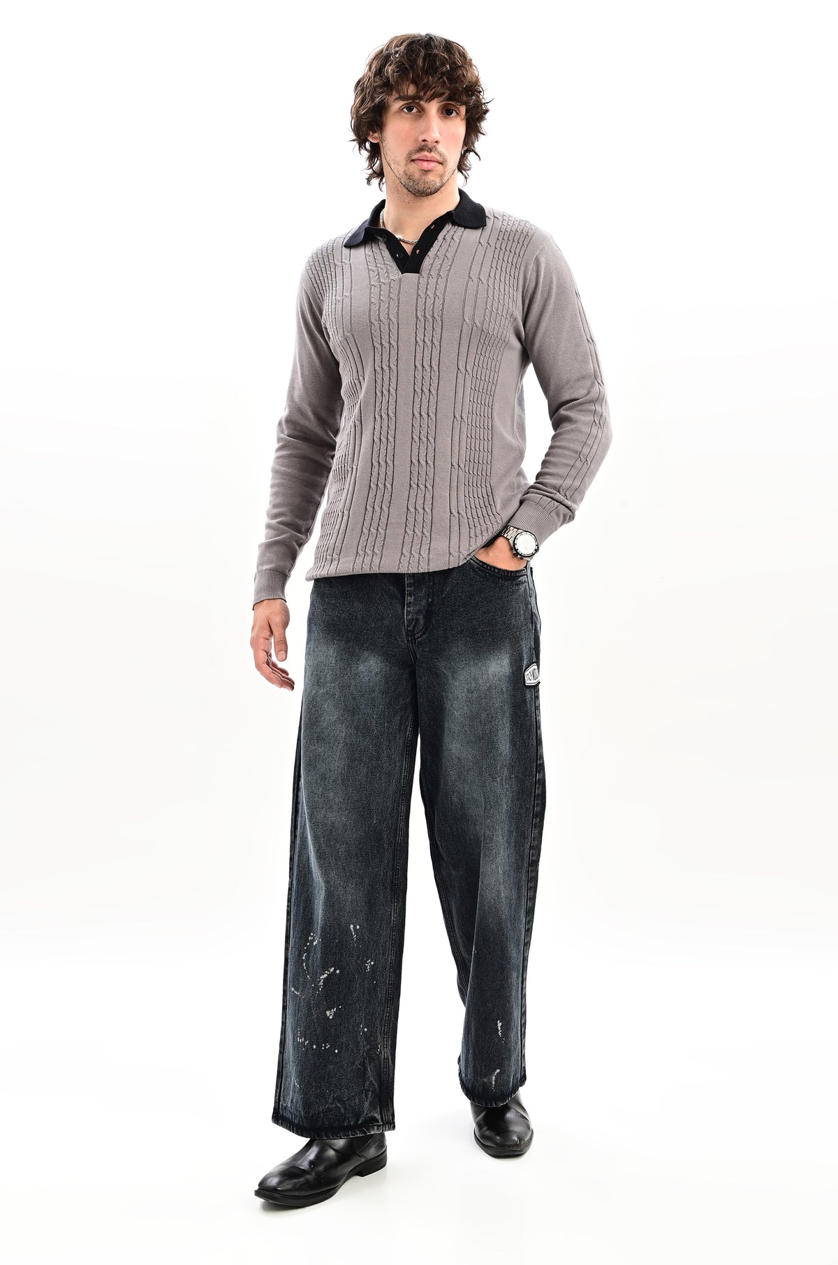 The Astor Cable Knit Polo - GREY