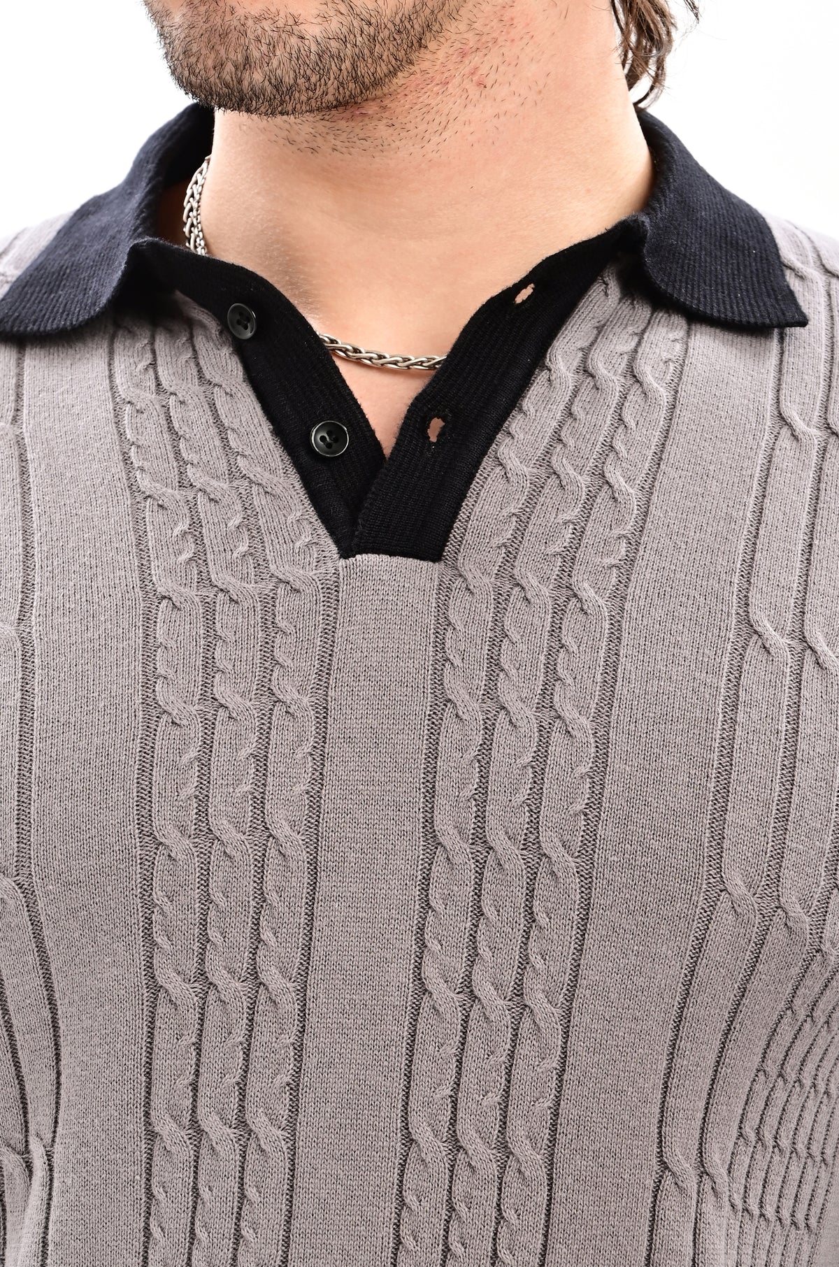 The Astor Cable Knit Polo - GREY