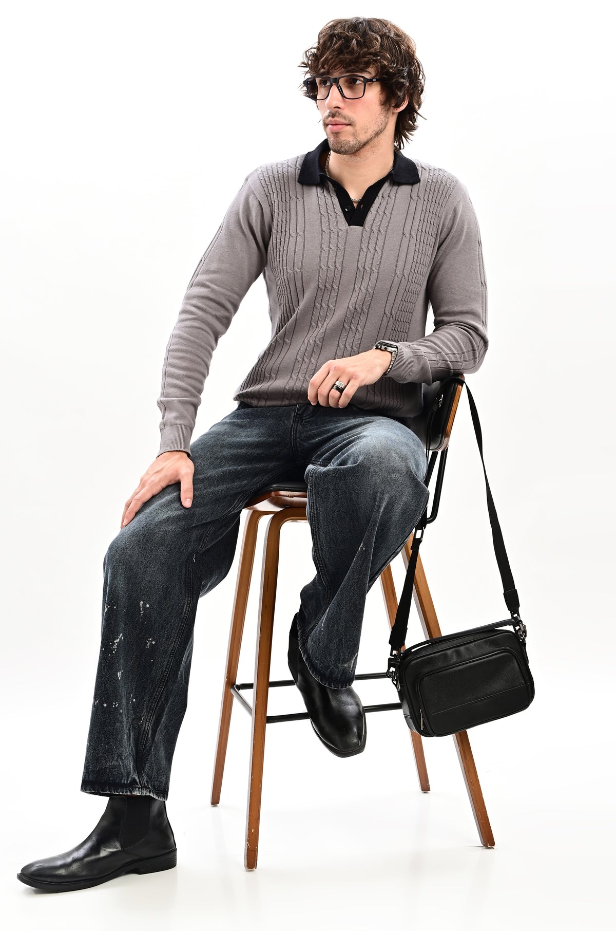 The Astor Cable Knit Polo - GREY