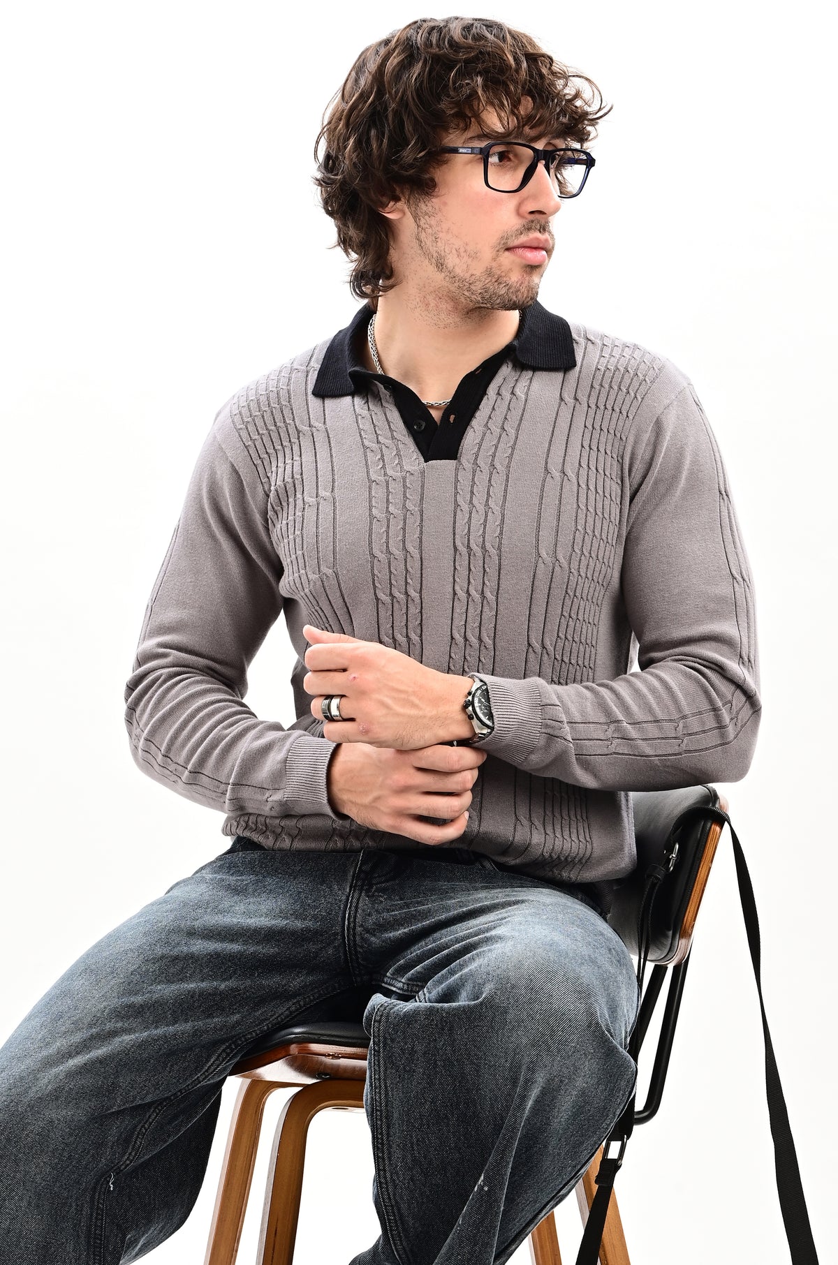 The Astor Cable Knit Polo - GREY