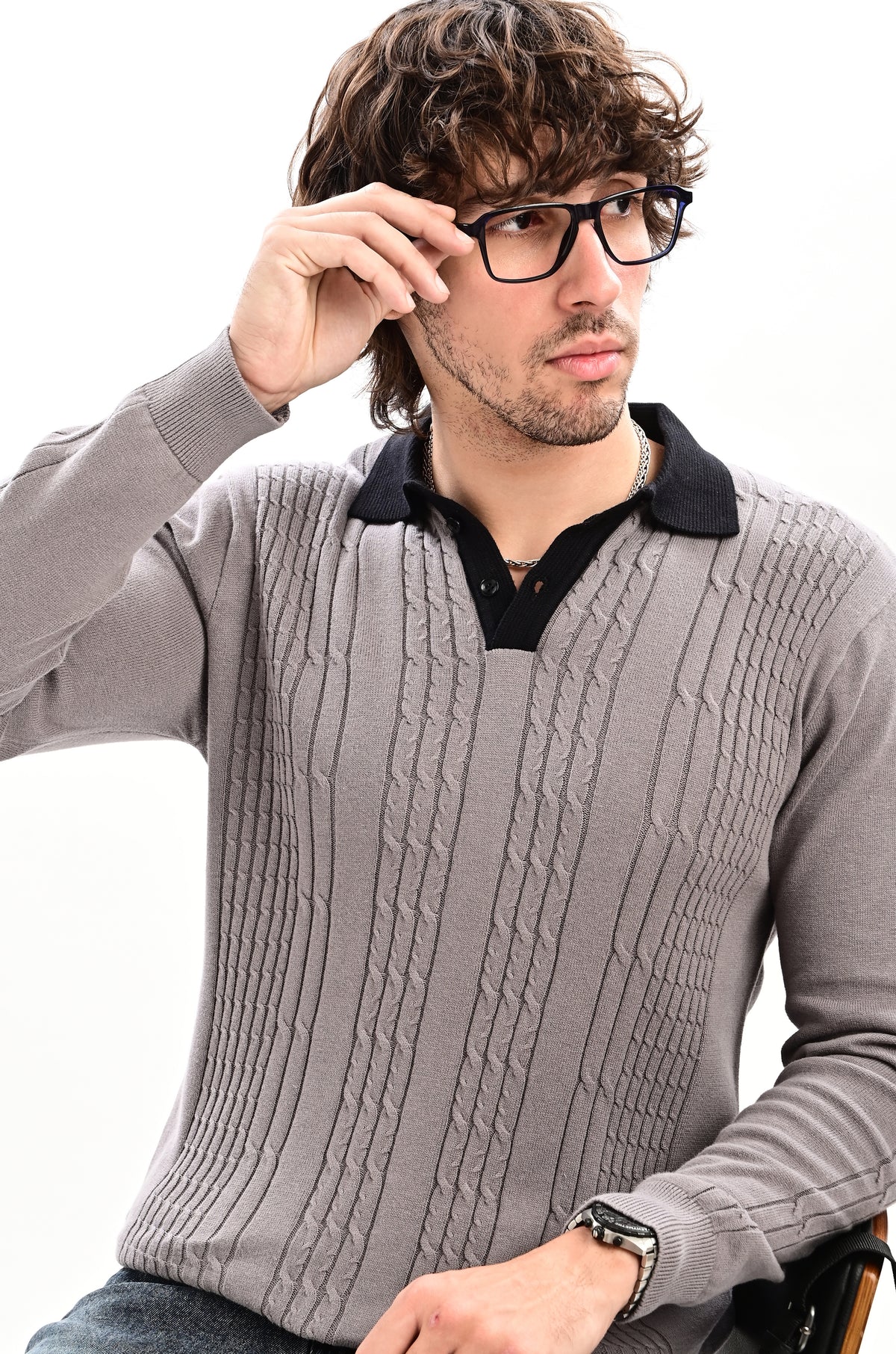 The Astor Cable Knit Polo - GREY