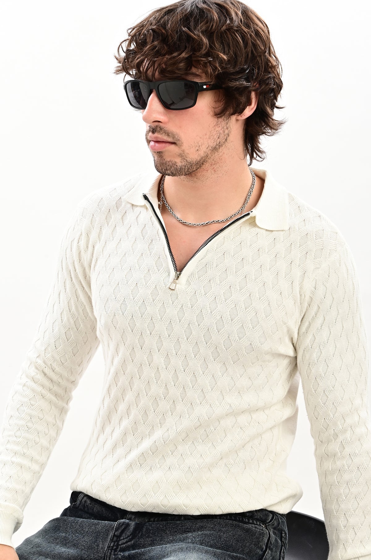 The Nobleman Quarter-Zip Full Sleeve Polo - WHITE