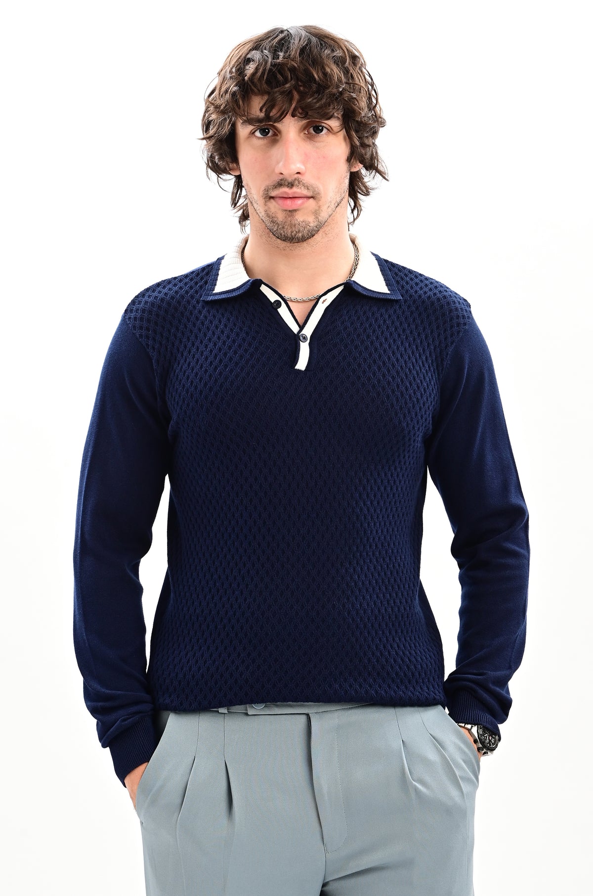 The Ivory Full Sleeve Polo - NAVY BLUE