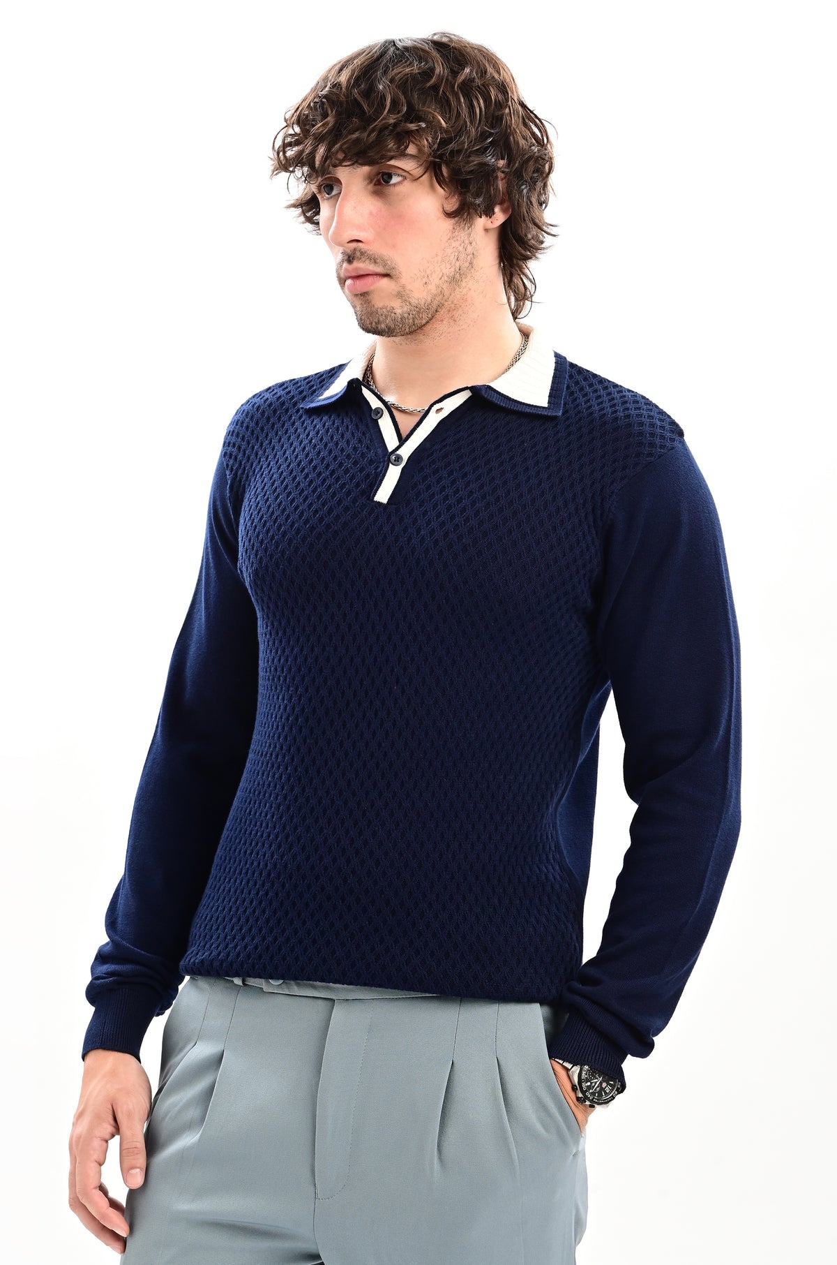 The Ivory Full Sleeve Polo - NAVY BLUE