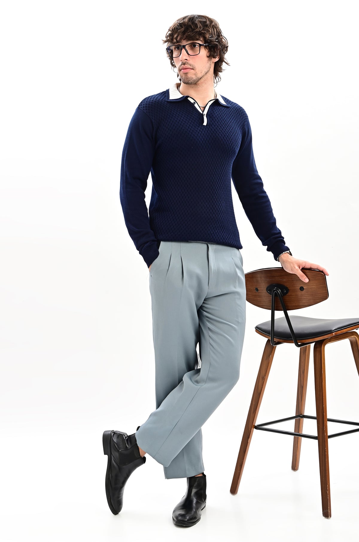 The Ivory Full Sleeve Polo - NAVY BLUE