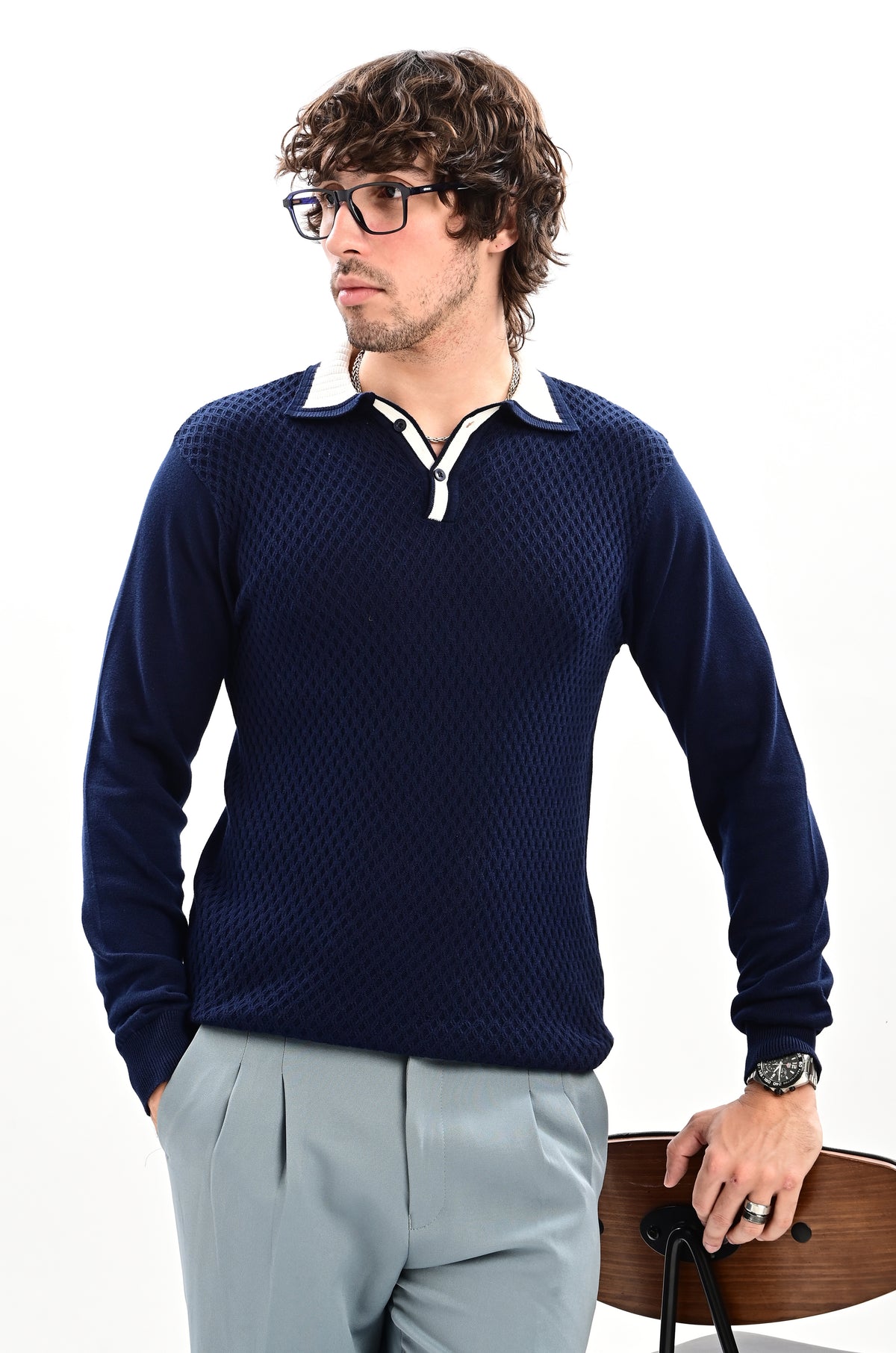 The Ivory Full Sleeve Polo - NAVY BLUE