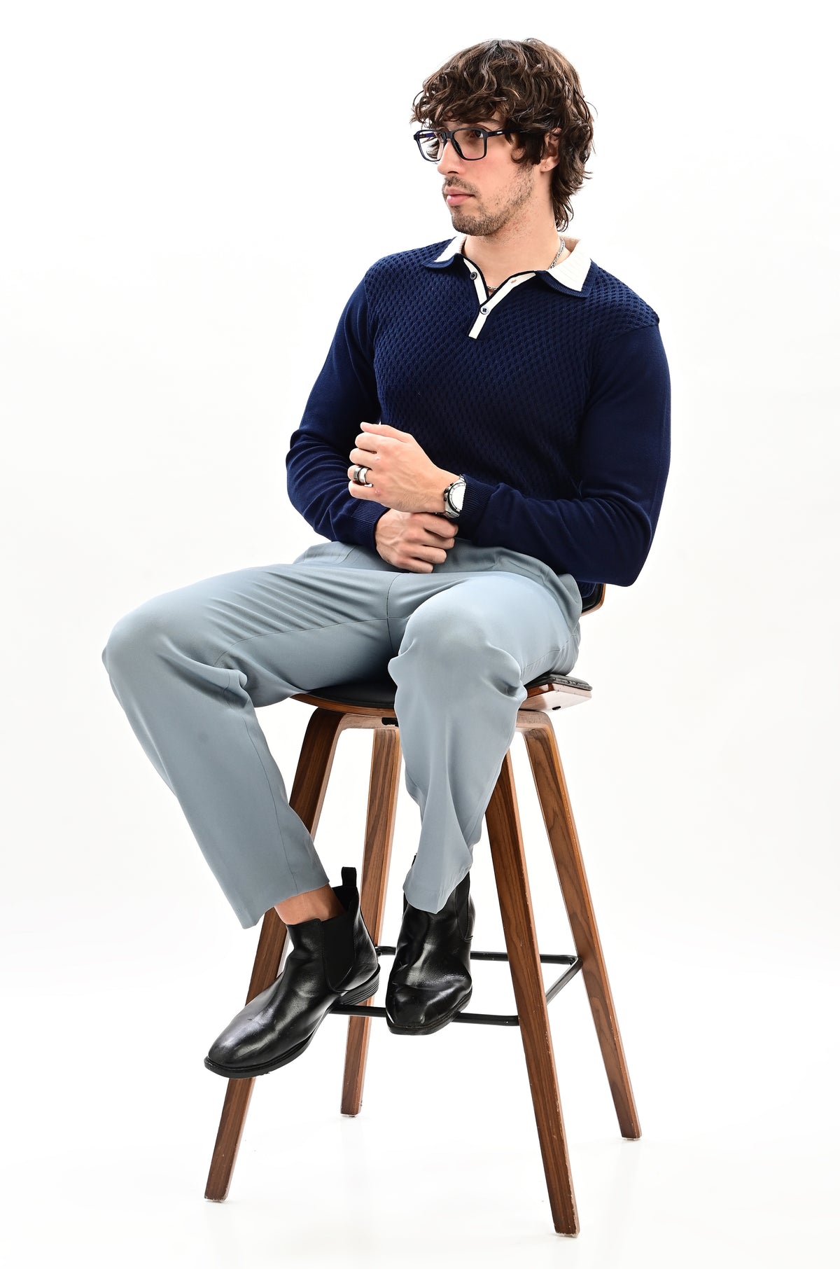 The Ivory Full Sleeve Polo - NAVY BLUE