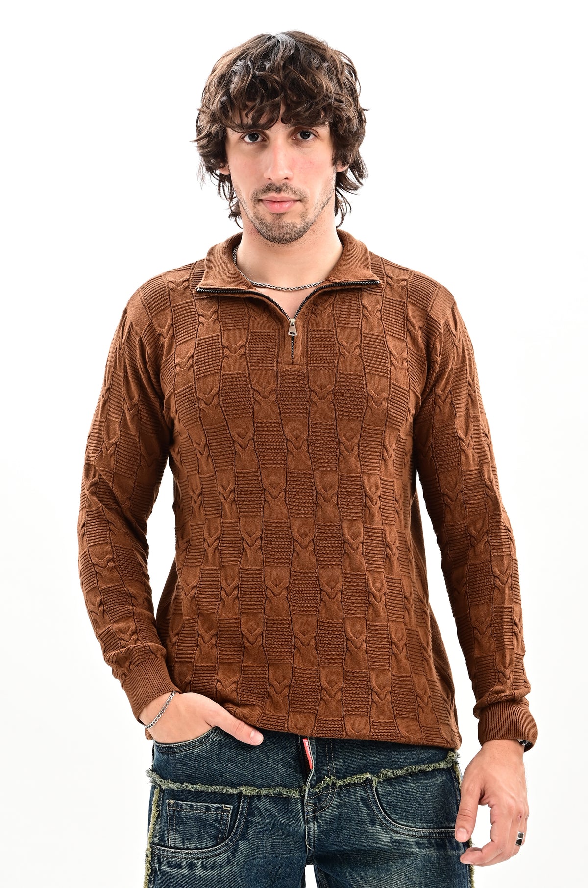 The Savile Quarter-Zip Polo BROWN