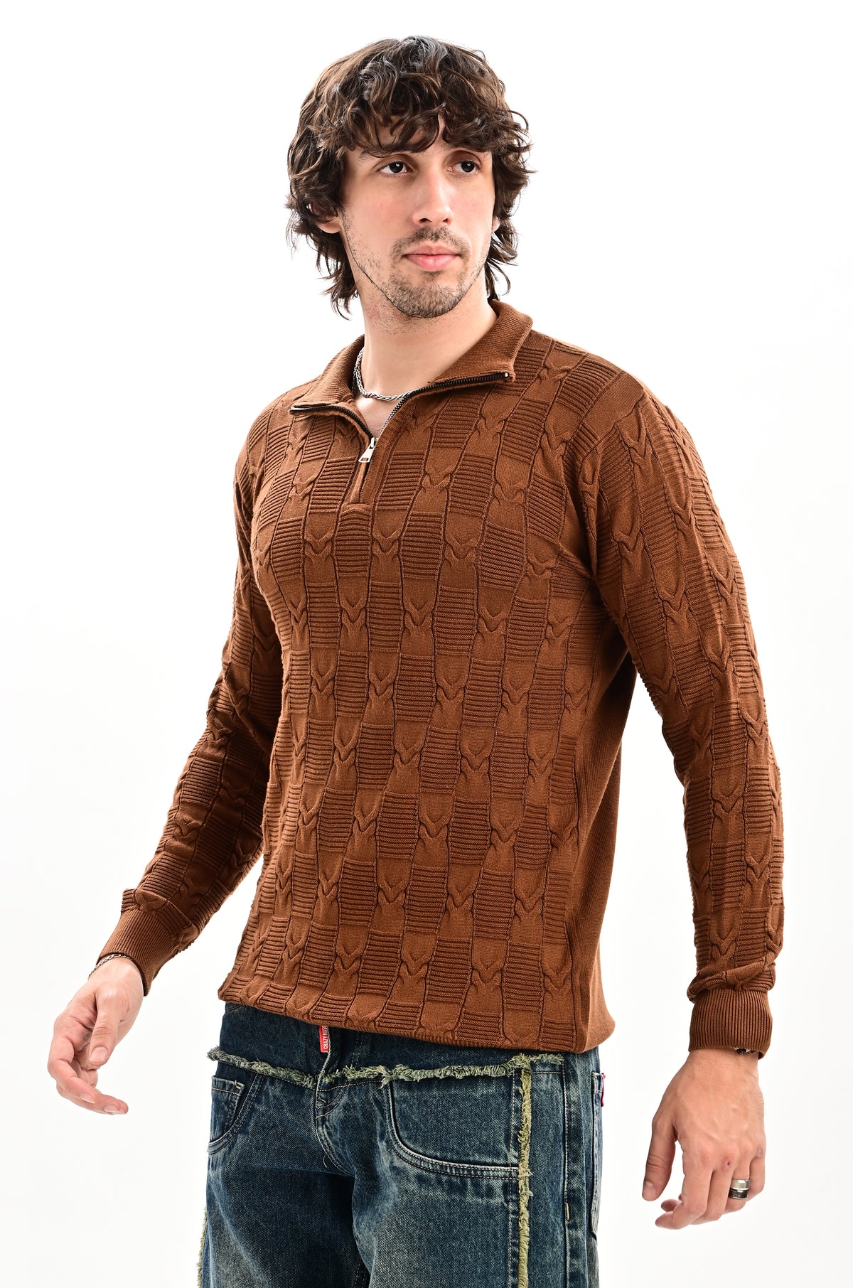The Savile Quarter-Zip Polo BROWN
